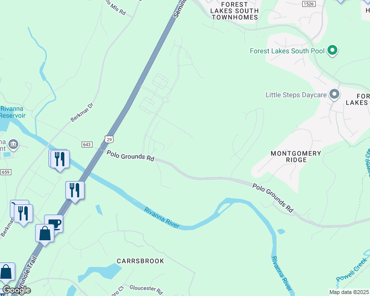 map of restaurants, bars, coffee shops, grocery stores, and more near 2575 Seminole Trail in Charlottesville