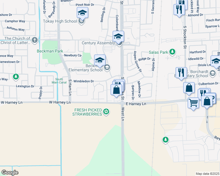 map of restaurants, bars, coffee shops, grocery stores, and more near 721 McCoy Court in Lodi