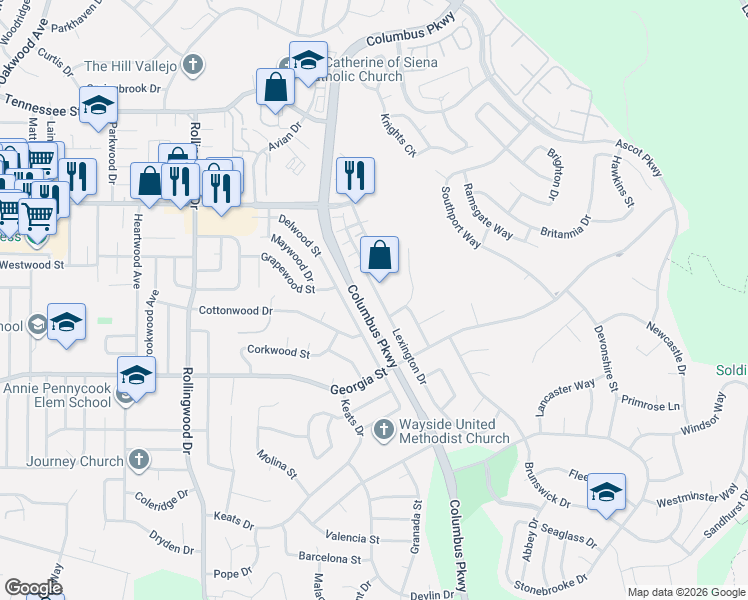 map of restaurants, bars, coffee shops, grocery stores, and more near 425 Lexington Drive in Vallejo