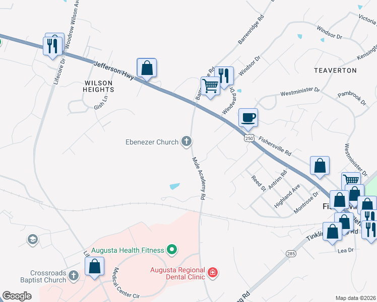 map of restaurants, bars, coffee shops, grocery stores, and more near 97 Mule Academy Road in Staunton