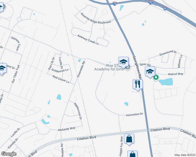 map of restaurants, bars, coffee shops, grocery stores, and more near 2440 Innovation Drive in Lexington