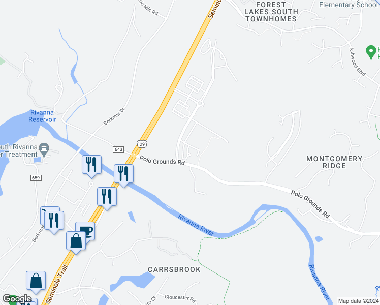 map of restaurants, bars, coffee shops, grocery stores, and more near 1313 Polo Grounds Road in Charlottesville
