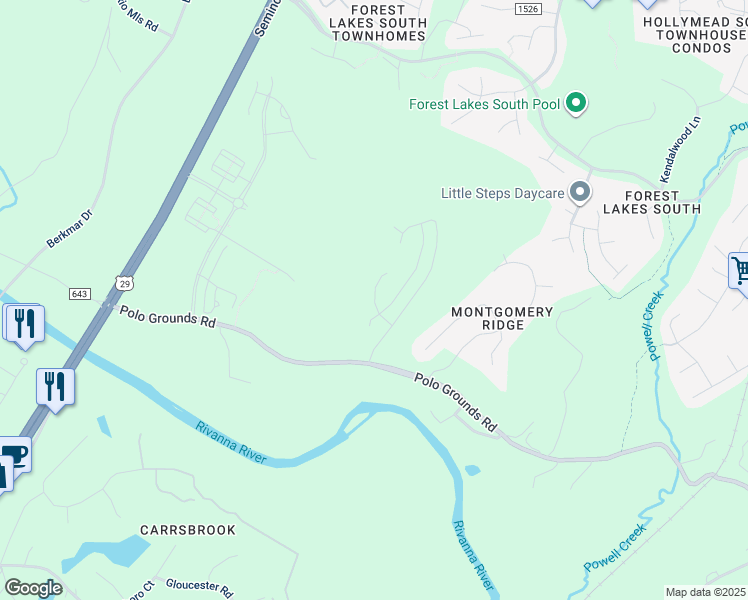 map of restaurants, bars, coffee shops, grocery stores, and more near Sablewood Drive in Hollymead