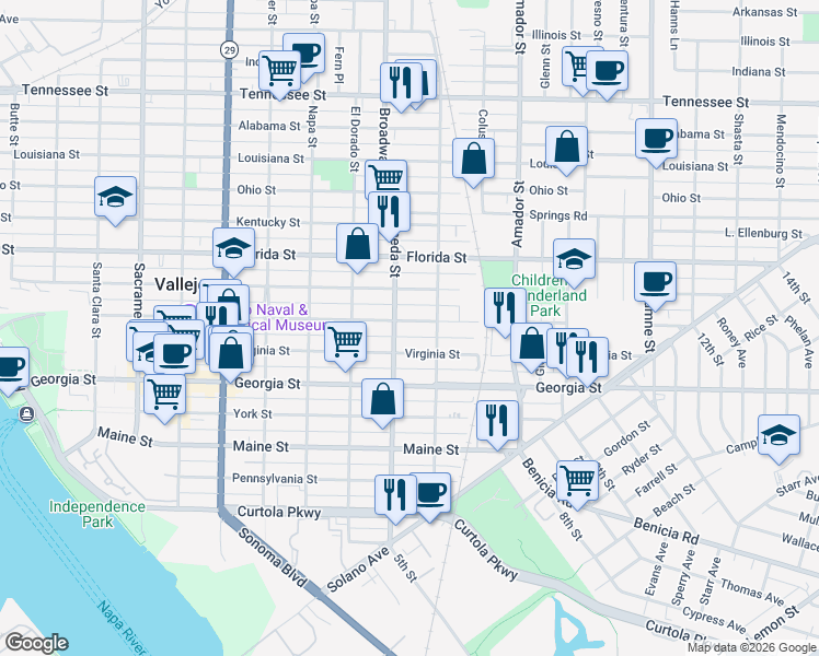 map of restaurants, bars, coffee shops, grocery stores, and more near 1017 Capitol Street in Vallejo