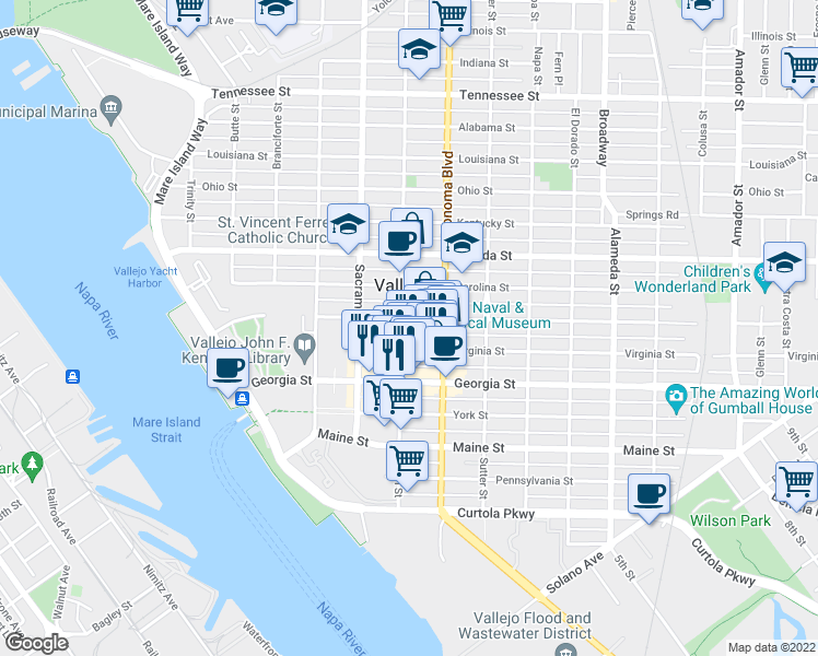 map of restaurants, bars, coffee shops, grocery stores, and more near 734 Marin Street in Vallejo