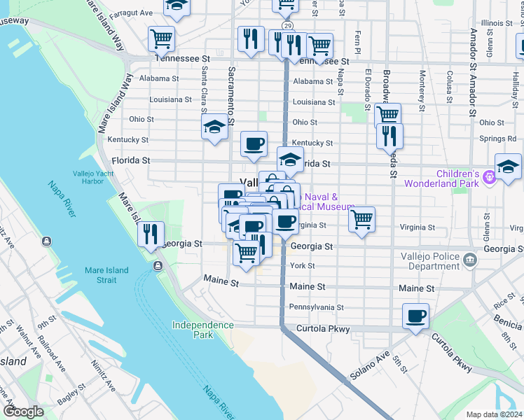 map of restaurants, bars, coffee shops, grocery stores, and more near 734 Marin Street in Vallejo
