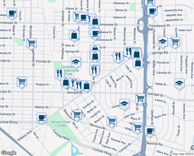 map of restaurants, bars, coffee shops, grocery stores, and more near 400 Tuolumne Street in Vallejo