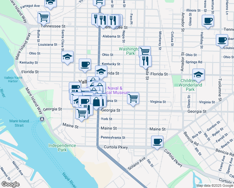 map of restaurants, bars, coffee shops, grocery stores, and more near 701 Capitol Street in Vallejo