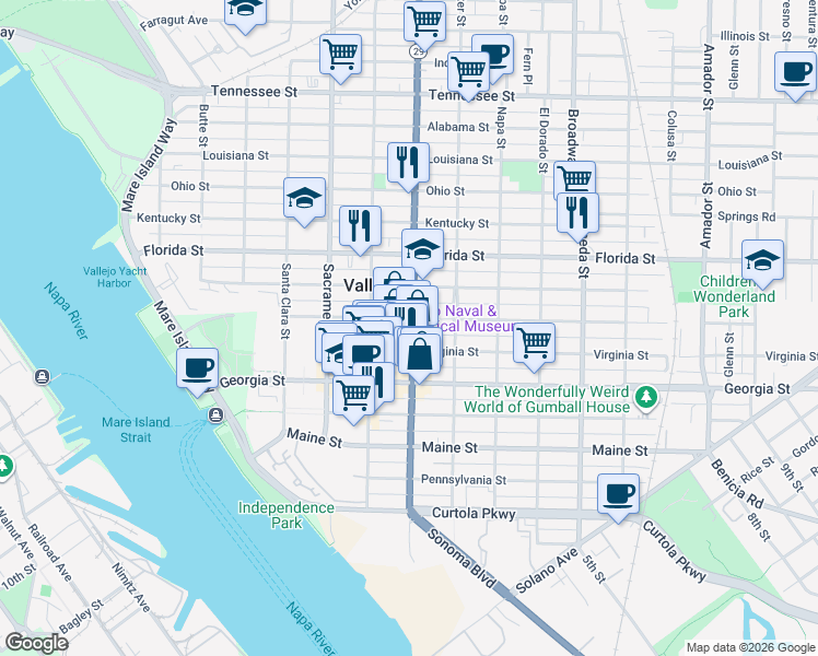 map of restaurants, bars, coffee shops, grocery stores, and more near 1825 Sonoma Boulevard in Vallejo