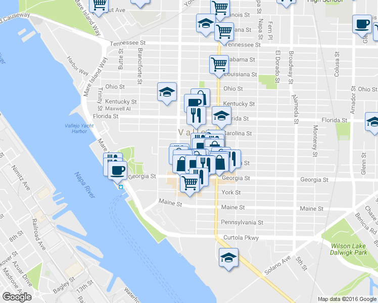 map of restaurants, bars, coffee shops, grocery stores, and more near 427 Capitol Street in Vallejo