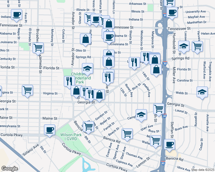 map of restaurants, bars, coffee shops, grocery stores, and more near 400 Tuolumne Street in Vallejo