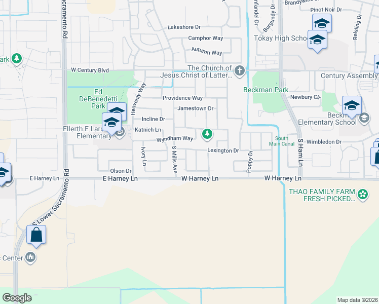 map of restaurants, bars, coffee shops, grocery stores, and more near 2506 Colony Drive in Lodi