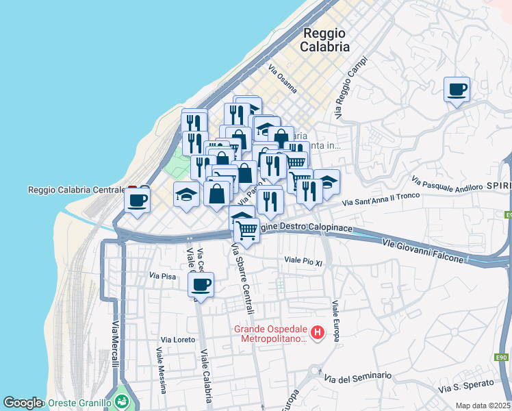 map of restaurants, bars, coffee shops, grocery stores, and more near 7 Via Giannangelo Spagnolio in Reggio Calabria