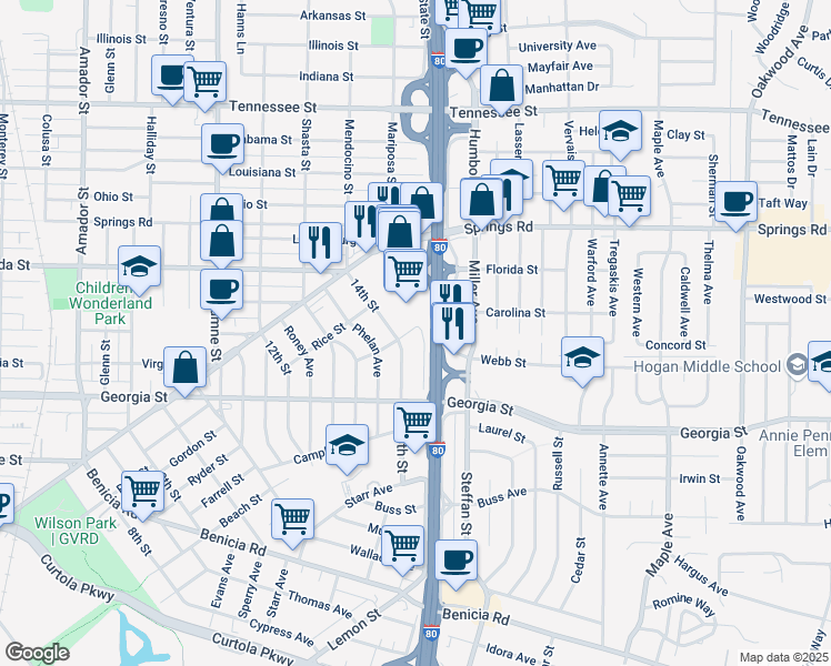 map of restaurants, bars, coffee shops, grocery stores, and more near 101 Madigan Street in Vallejo
