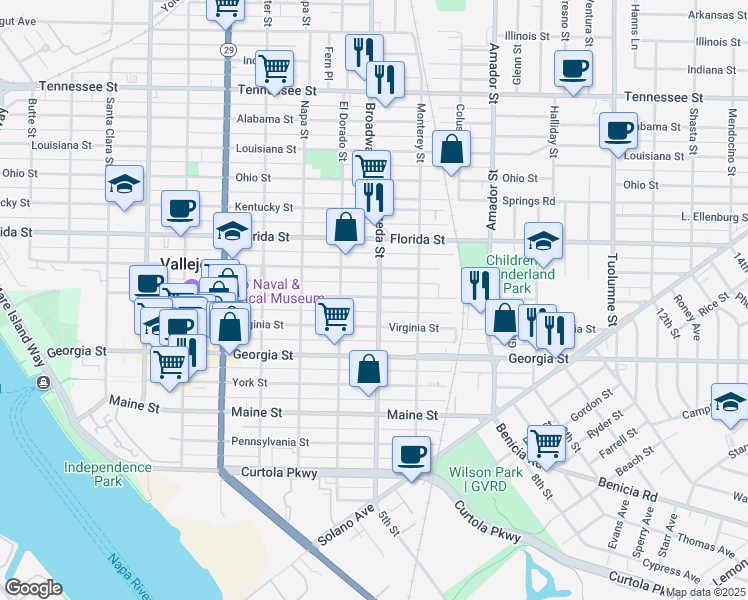 map of restaurants, bars, coffee shops, grocery stores, and more near 943 Capitol Street in Vallejo