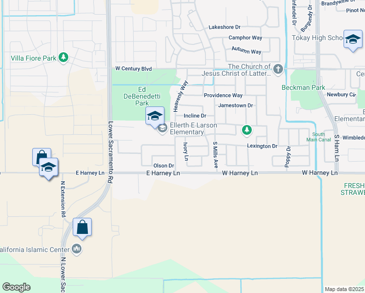 map of restaurants, bars, coffee shops, grocery stores, and more near 2460 Wyndham Way in Lodi