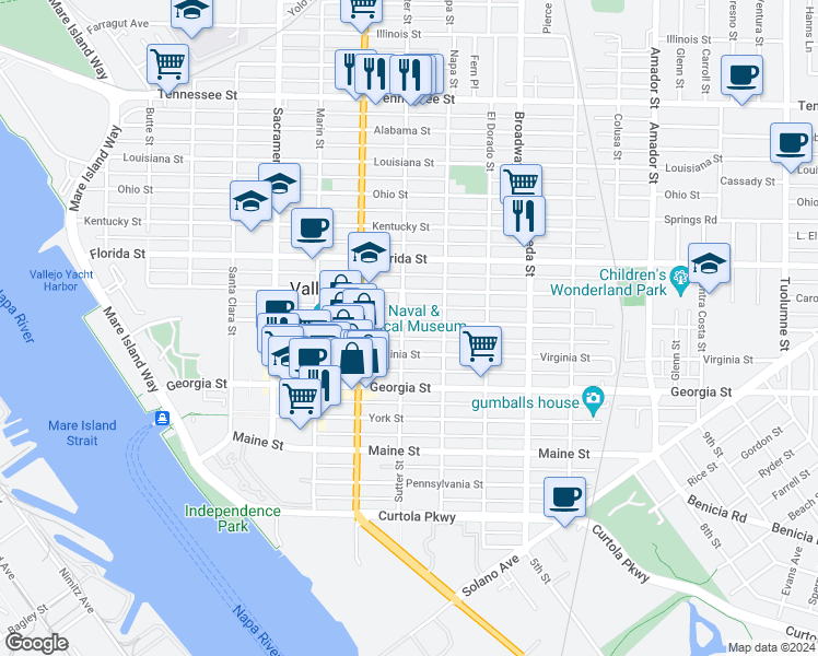 map of restaurants, bars, coffee shops, grocery stores, and more near 701 Capitol Street in Vallejo