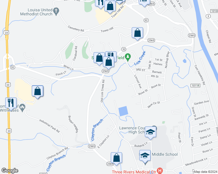 map of restaurants, bars, coffee shops, grocery stores, and more near 71 Old Lick Creek Road in Louisa