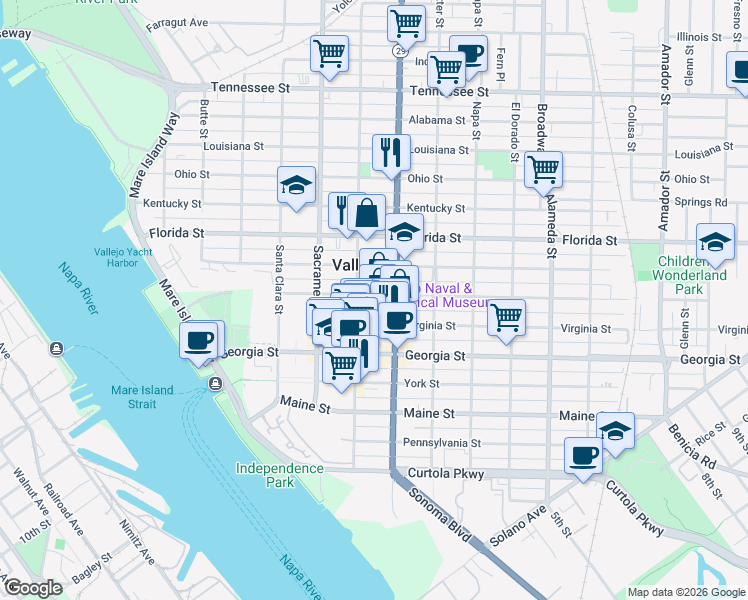 map of restaurants, bars, coffee shops, grocery stores, and more near 521 Capitol Street in Vallejo