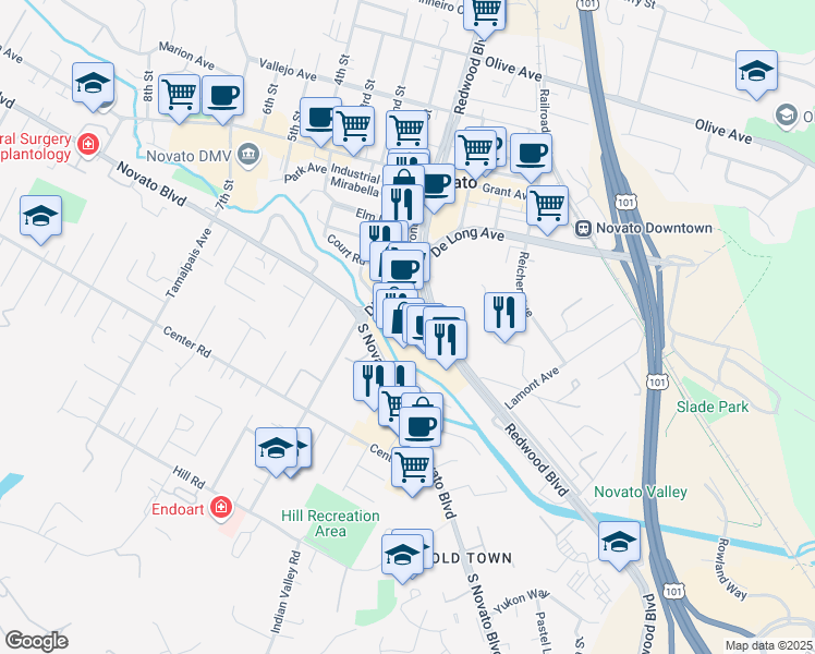 map of restaurants, bars, coffee shops, grocery stores, and more near 920 Diablo Ave in Novato