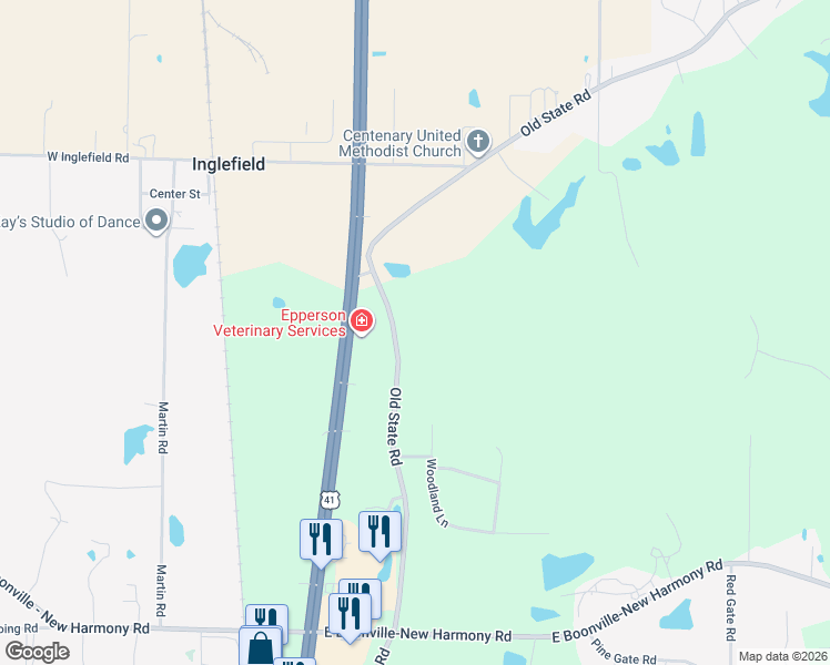 map of restaurants, bars, coffee shops, grocery stores, and more near 13725 Old State Road in Evansville