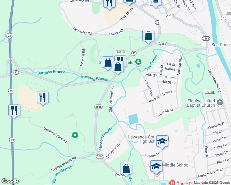 map of restaurants, bars, coffee shops, grocery stores, and more near 71 Old Lick Creek Road in Louisa