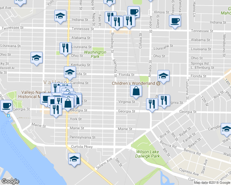 map of restaurants, bars, coffee shops, grocery stores, and more near 1000 Capitol Street in Vallejo