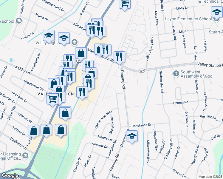 map of restaurants, bars, coffee shops, grocery stores, and more near 10304 Torrington Road in Louisville