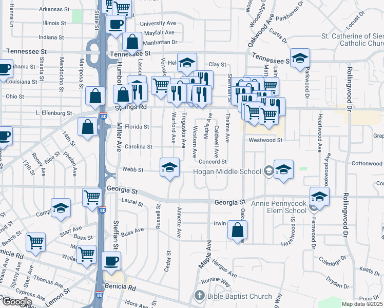 map of restaurants, bars, coffee shops, grocery stores, and more near 1011 Maple Avenue in Vallejo