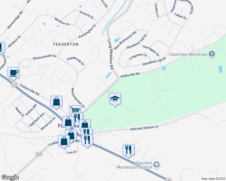 map of restaurants, bars, coffee shops, grocery stores, and more near 27 Rose Garden Lane in Fishersville