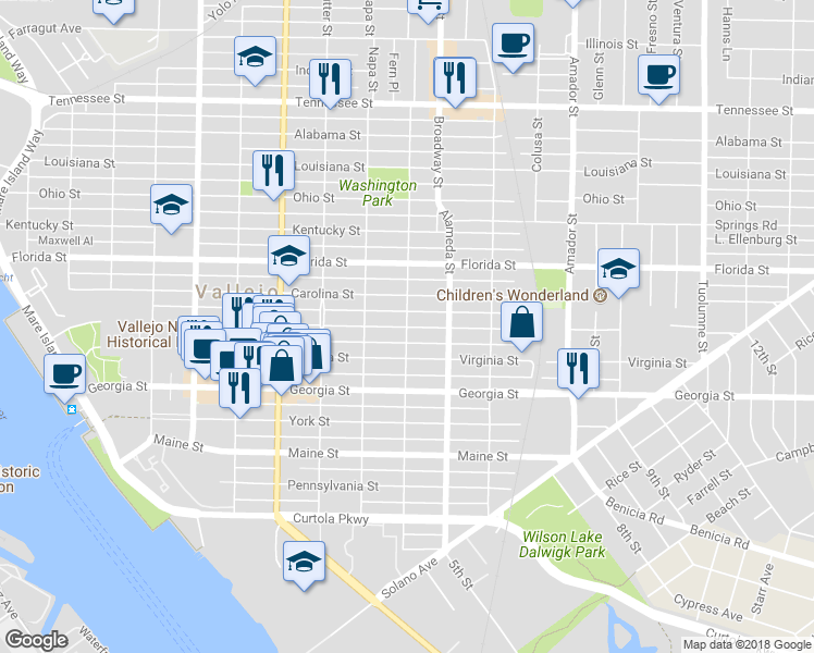 map of restaurants, bars, coffee shops, grocery stores, and more near 801 El Dorado Street in Vallejo