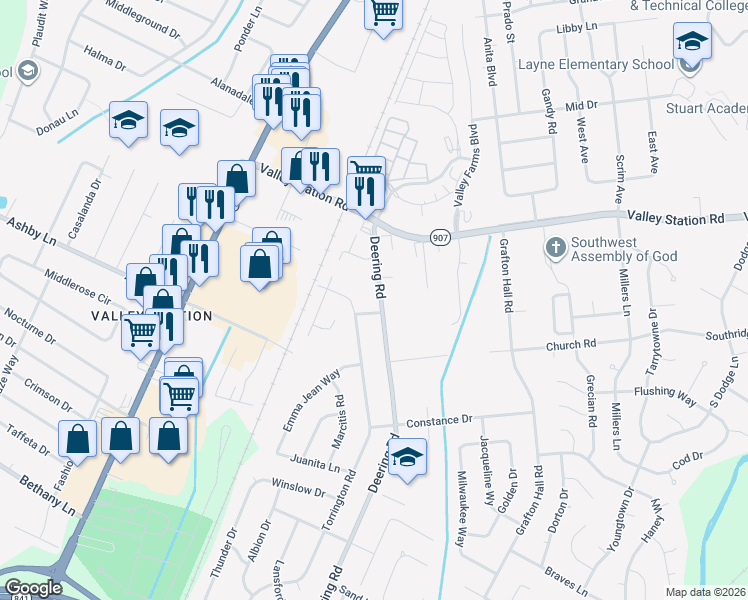 map of restaurants, bars, coffee shops, grocery stores, and more near 10402 Deering Road in Louisville
