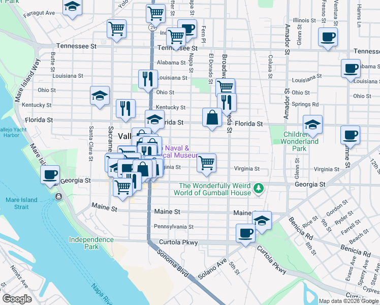 map of restaurants, bars, coffee shops, grocery stores, and more near Napa Street & Capitol Street in Vallejo