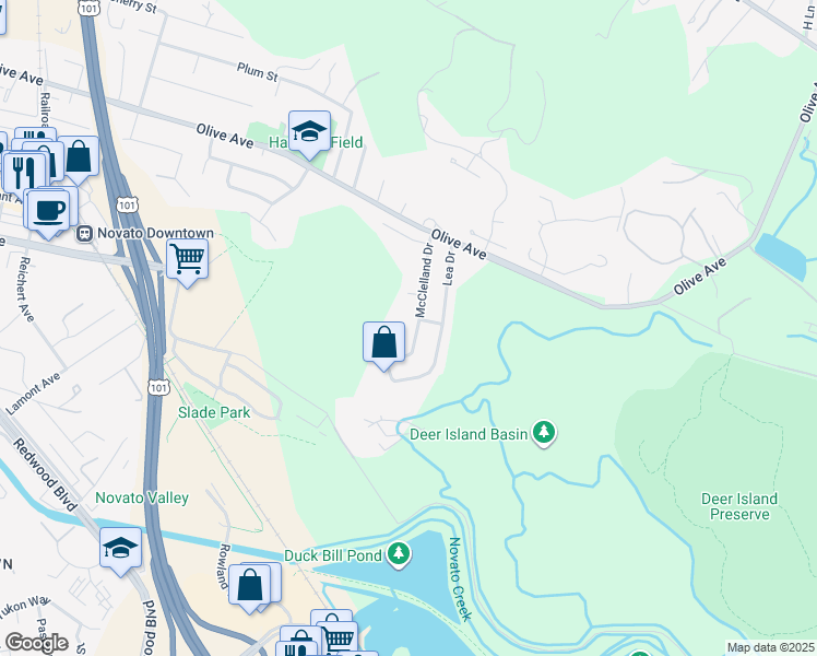 map of restaurants, bars, coffee shops, grocery stores, and more near 1154 McClelland Drive in Novato