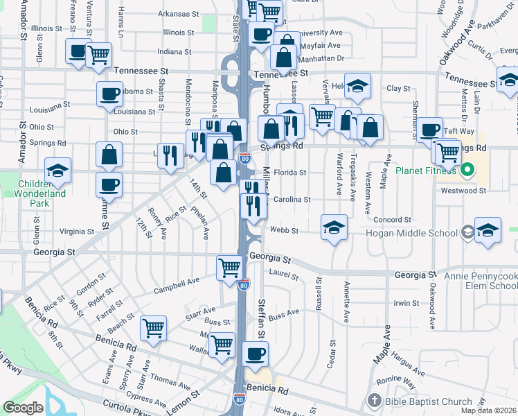 map of restaurants, bars, coffee shops, grocery stores, and more near 2007 Carolina Street in Vallejo