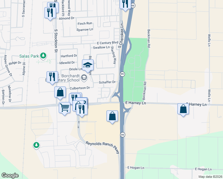 map of restaurants, bars, coffee shops, grocery stores, and more near 2428 San Martino Way in Lodi
