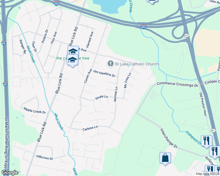 map of restaurants, bars, coffee shops, grocery stores, and more near 4111 Normie Court in Louisville