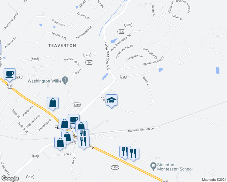 map of restaurants, bars, coffee shops, grocery stores, and more near 38 Rosette Lane in Fishersville