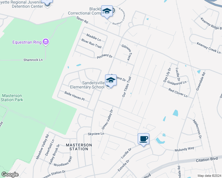 map of restaurants, bars, coffee shops, grocery stores, and more near 3025 Sandersville Road in Lexington