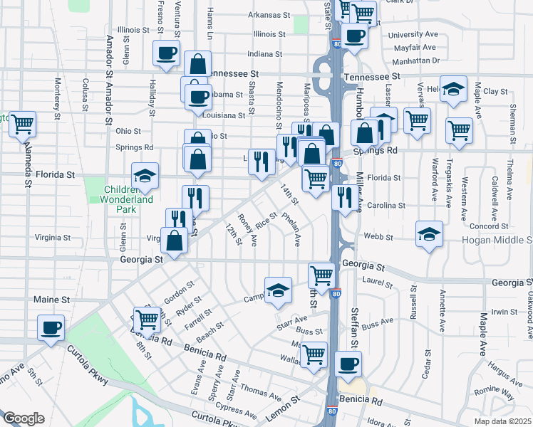 map of restaurants, bars, coffee shops, grocery stores, and more near 304 Mayo Avenue in Vallejo