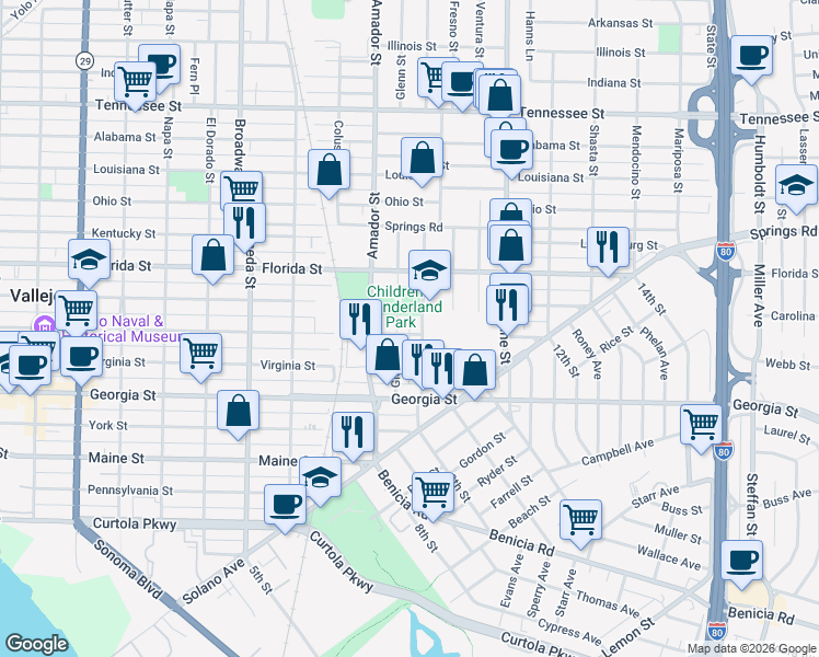 map of restaurants, bars, coffee shops, grocery stores, and more near 1402 Capitol Street in Vallejo