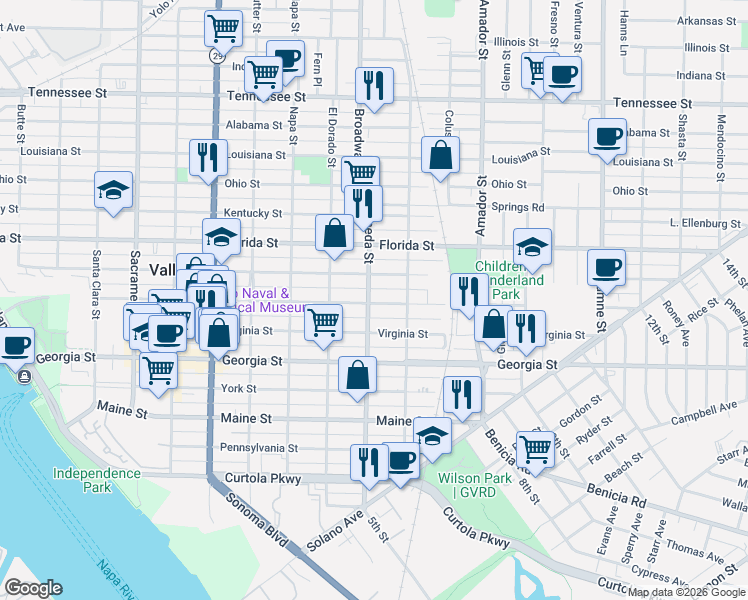 map of restaurants, bars, coffee shops, grocery stores, and more near 943 Capitol Street in Vallejo