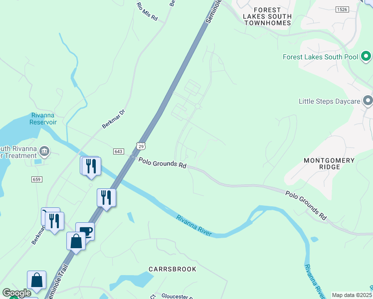 map of restaurants, bars, coffee shops, grocery stores, and more near 1313 Polo Grounds Road in Charlottesville