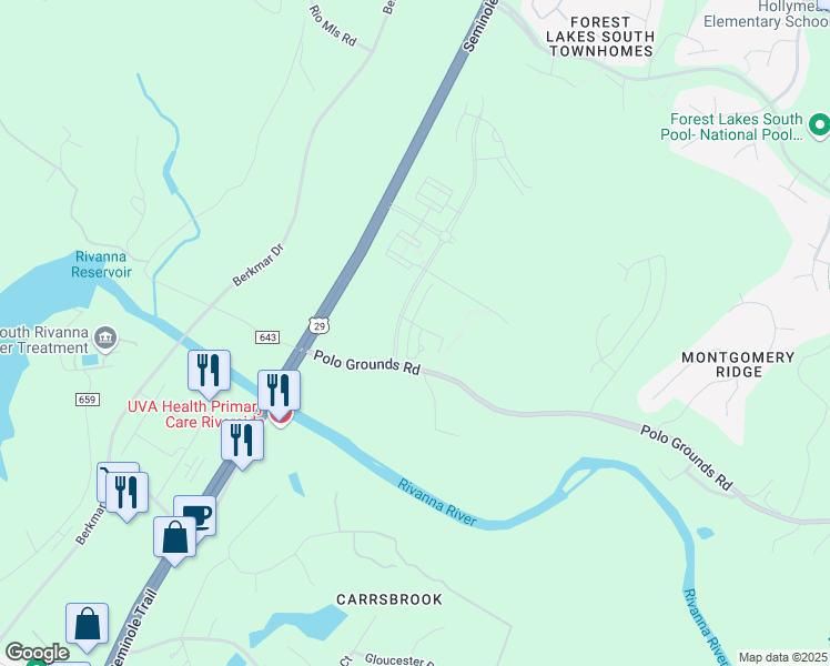 map of restaurants, bars, coffee shops, grocery stores, and more near 1313 Polo Grounds Road in Charlottesville