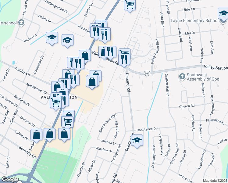map of restaurants, bars, coffee shops, grocery stores, and more near 10304 Torrington Road in Louisville