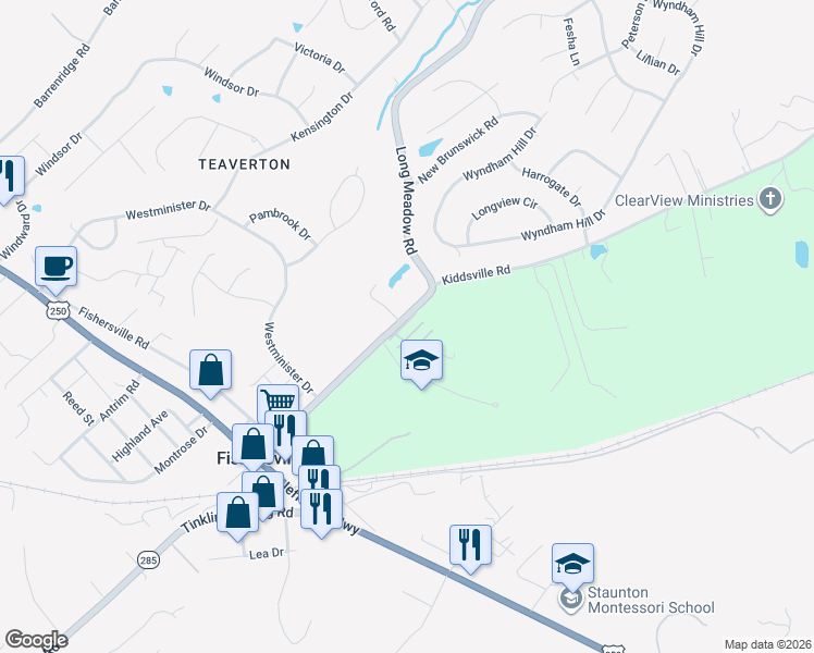 map of restaurants, bars, coffee shops, grocery stores, and more near 27 Rose Garden Lane in Fishersville