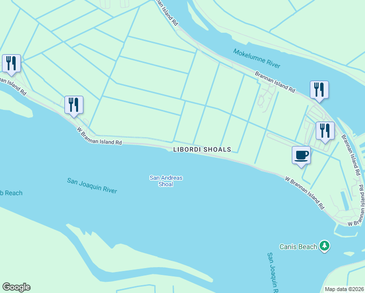 map of restaurants, bars, coffee shops, grocery stores, and more near 521 West Brannan Island Road in Isleton