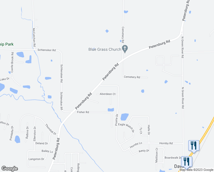 map of restaurants, bars, coffee shops, grocery stores, and more near Burlingame Drive in Evansville