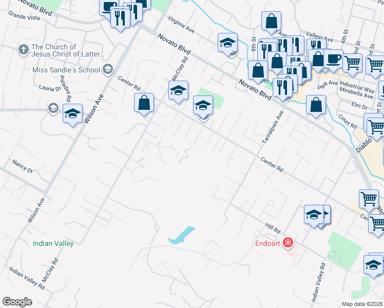 map of restaurants, bars, coffee shops, grocery stores, and more near 1 Harris Hill Drive in Novato