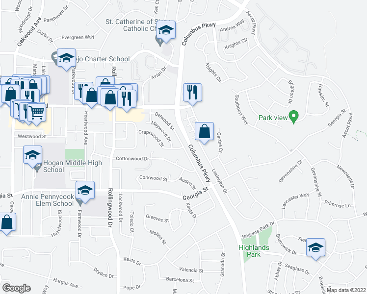 map of restaurants, bars, coffee shops, grocery stores, and more near Delwood St & Grapewood St in Vallejo
